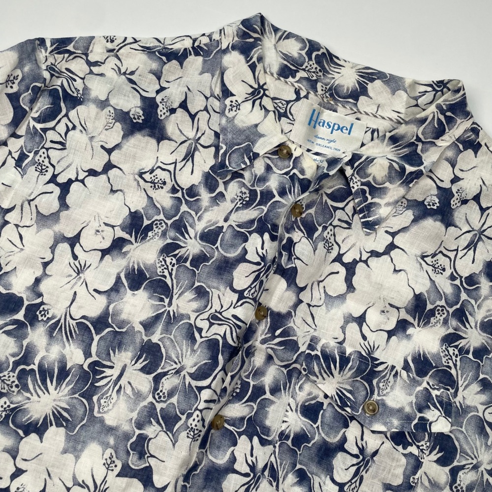 Haspel Men Large Blue White Floral Hibiscus 100% Linen Short Sleeve Button Shirt